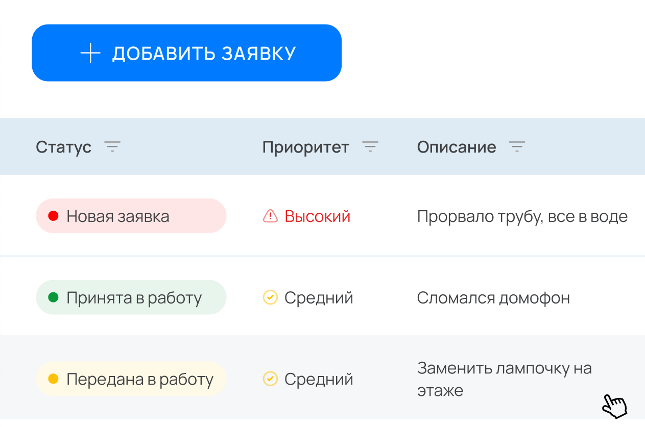 Интерфейс работы с заявками