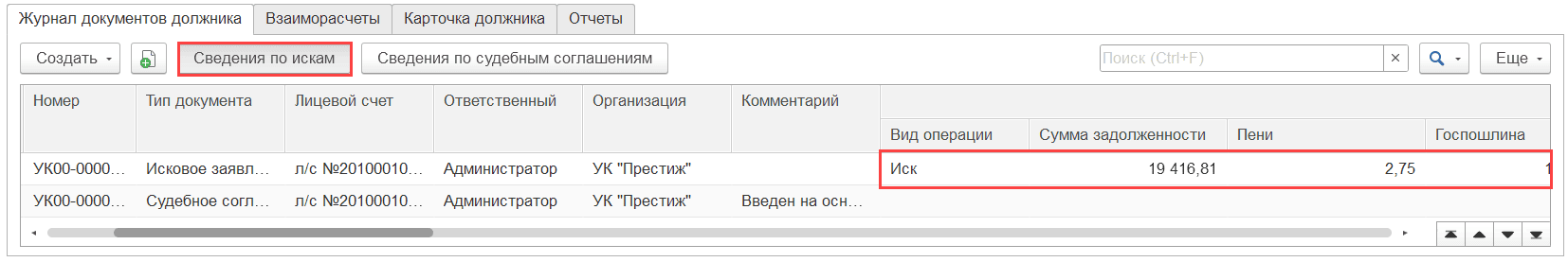 Вид операции Иск, сумма задолженности Сведения по искам