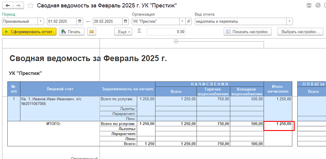 Отчет Сводная ведомость Сводная ведомость